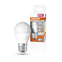 Lampade LED OSRAM, classica forma mini sferica, ricambio da 60 watt, E27, forma P, 6500 Kelvin, luce diurna fredda, opaca, confezione singola