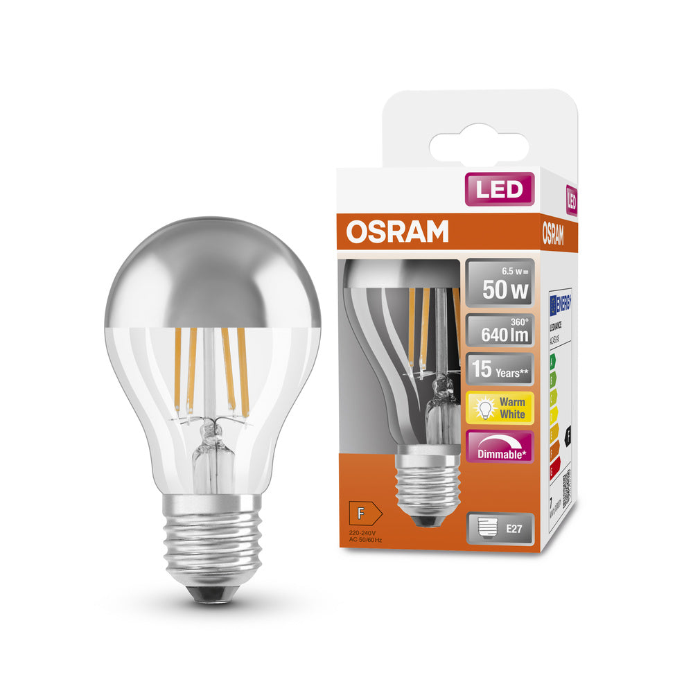 Lampade LED OSRAM, forma classica della lampadina, con corona a specchio, ricambio da 50 watt, E27, forma A, 2700 Kelvin, bianco caldo, vetro trasparente, confezione singola