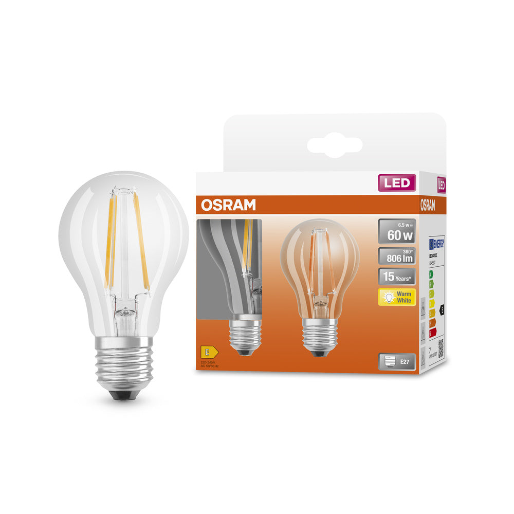 OSRAM LED-Lampen, klassische Kolbenform, 60 Watts Ersatz, E27, A-shape, 2700 Kelvin, Warm weiß, Klares Glas, 2-er Pack