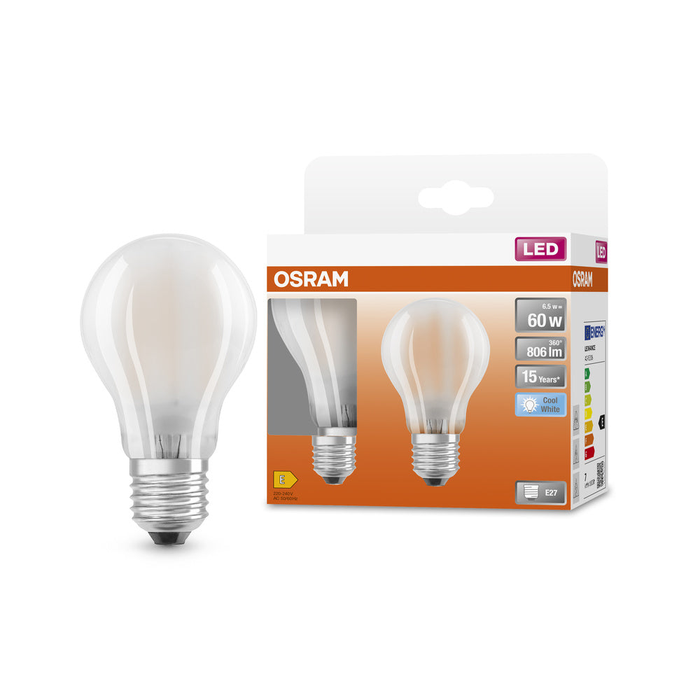 OSRAM LED Lampada LED Retrofit CLASSIC A 6.5W 840 Satinata E27, 806 lm, 4000 K, Bianco Freddo, Confezione da 2