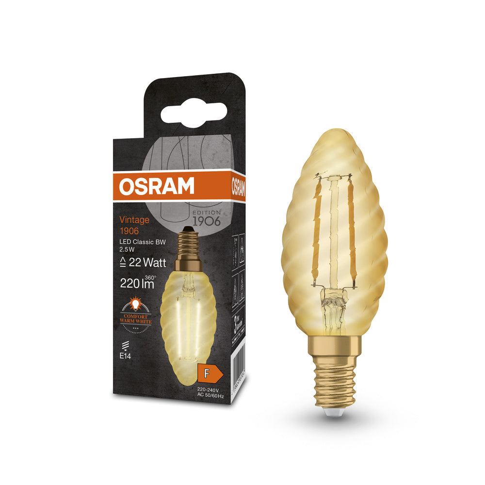 OSRAM VINTAGE 1906® LED Lampada LED CLASSIC B 2.5W 824 Oro E14 Forma BW, 220 lm, 2400 K, Luce Comfort Calda