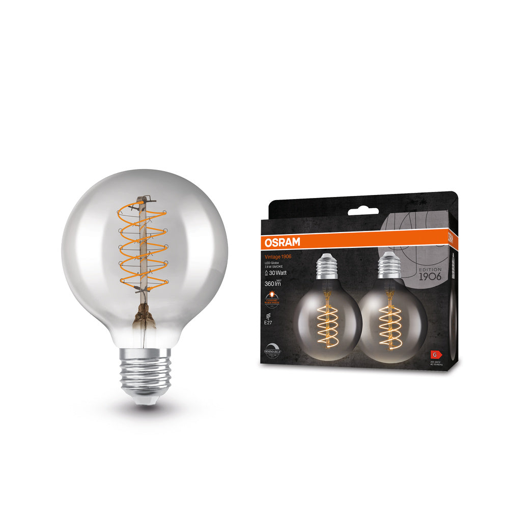 OSRAM VINTAGE 1906® LED Lampe LED CLASSIC SLIM FILAMENT Globe DIMMABLE 7.8W 818 Smoke E27, 360 lm, 1800 K, Comfort warm white, 2er Pack