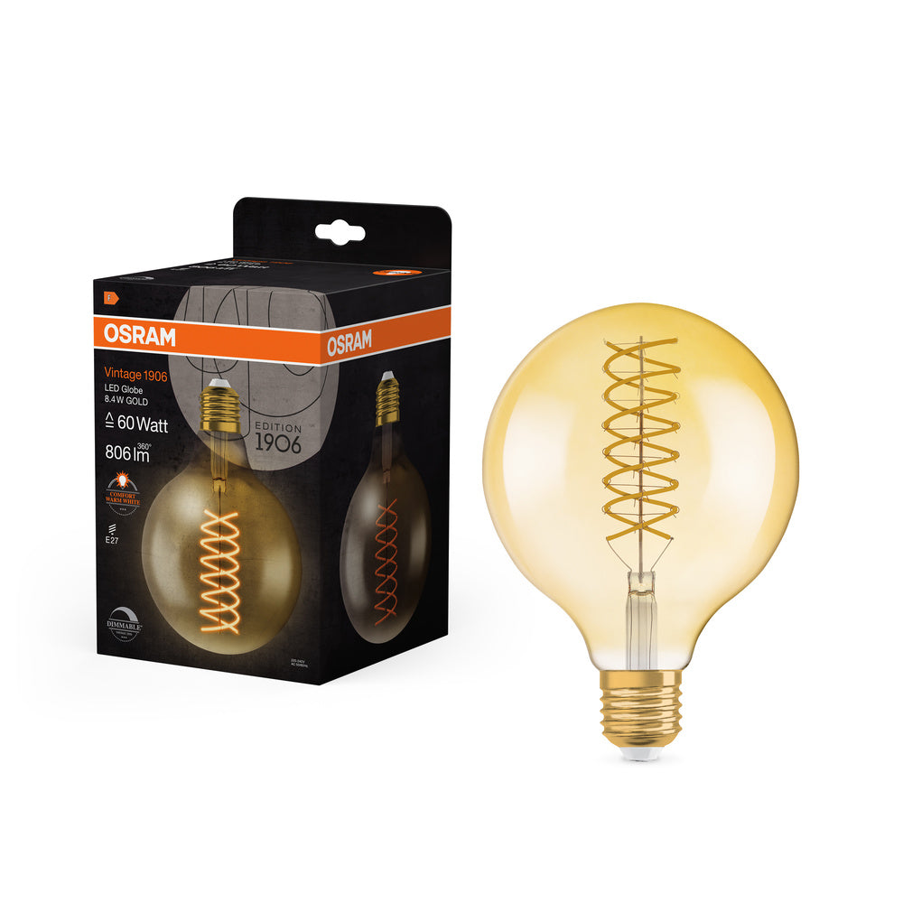 OSRAM VINTAGE 1906® LED Lampe LED CLASSIC Globe Dimmable 8.8W 824 Gold E27, 806 lm, 2400 K, Comfort warm white