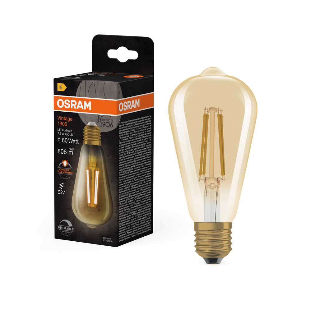 OSRAM VINTAGE 1906® Lampada LED LED CLASSIC EDISON DIM 7.2W 824 Oro E27, 806 lm, 2400 K, Comfort bianco caldo