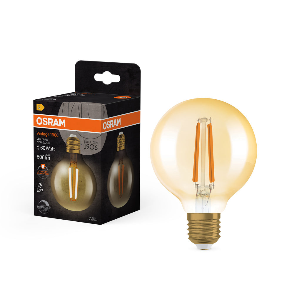 OSRAM VINTAGE 1906® Lampada LED LED CLASSIC Globe Dimmable 7.2W 824 Oro E27, 806 lm, 2400 K, Comfort bianco caldo