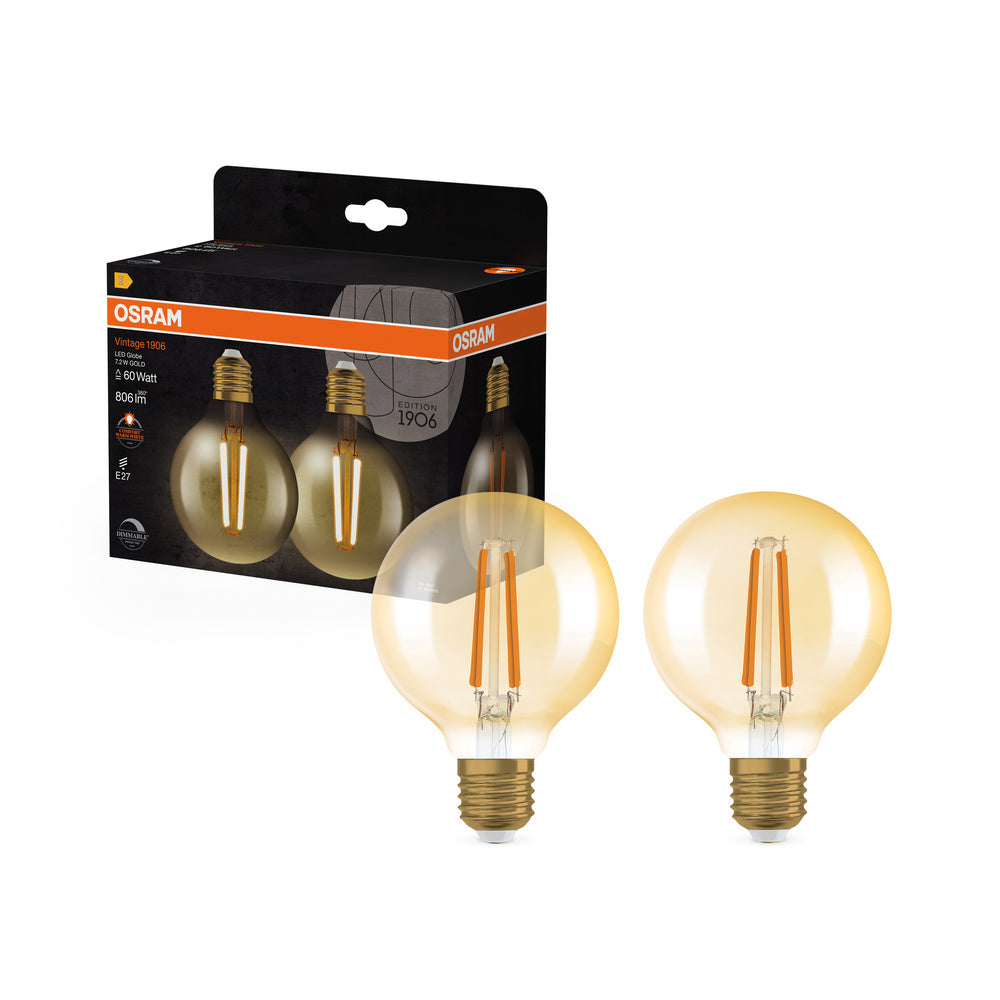 OSRAM VINTAGE 1906® LED Lampe LED CLASSIC Globe Dimmable 7.2W 824 Gold E27 806 lm, 2400 K, Comfort warm white, 2er Pack