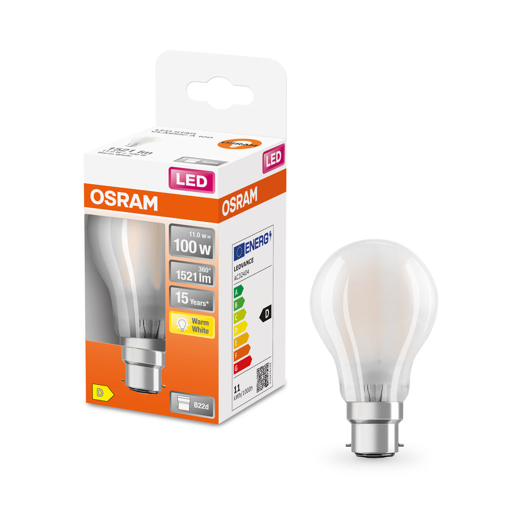 OSRAM LED Lampada LED Retrofit CLASSIC A 11W 827 Satinata B22d, 1521 lm, 2700 K, Bianco caldo