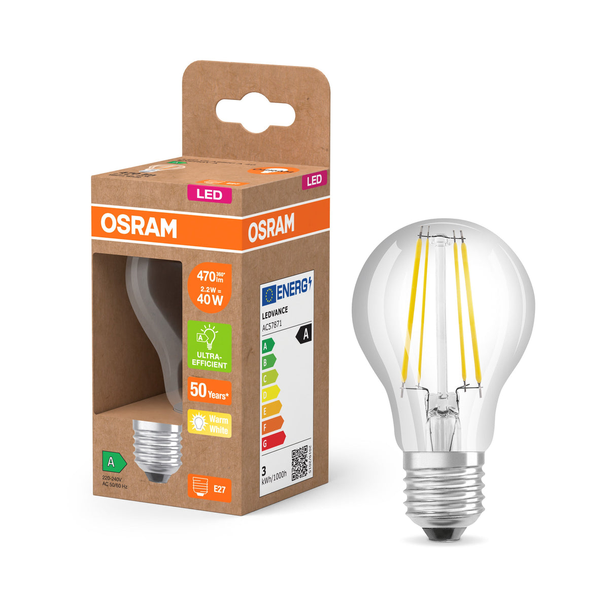 Lampada OSRAM LED Classic, forma lampadina, trasparente, 2,2W, 470lm, E27