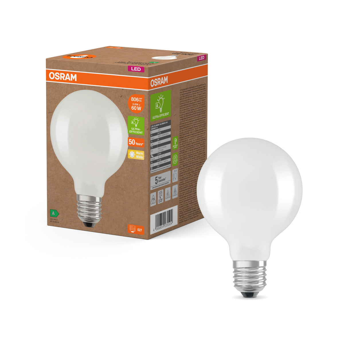 Lampada OSRAM LED Superstar Classic a globo satinata, 3,8 W, 806 lm