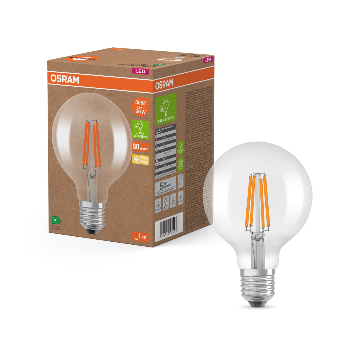 Lampada OSRAM LED Classic, forma a sfera, trasparente, 3,8 W, 806 lm, E27