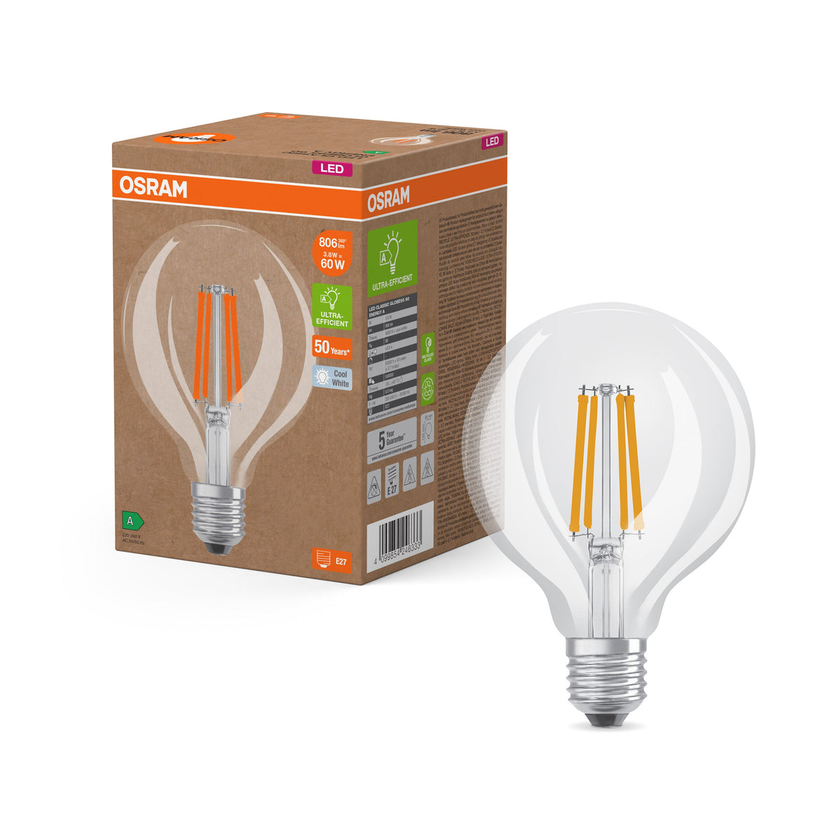 Lampada globo OSRAM LED Superstar Classic Trasparente, 3,8 W, 806 lm