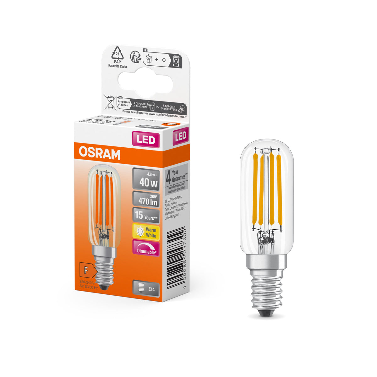 Lampada speciale OSRAM LED trasparente, 4,8 W, 470 lm, E14