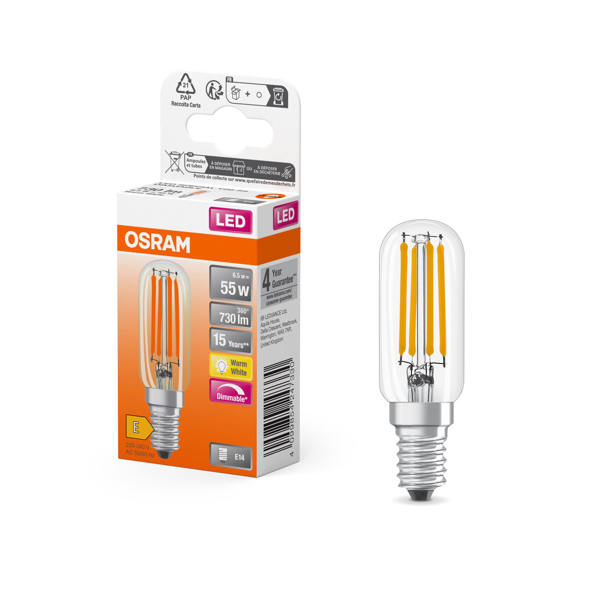 Lampada speciale OSRAM LED trasparente, 6,5 W, 730 lm, E14