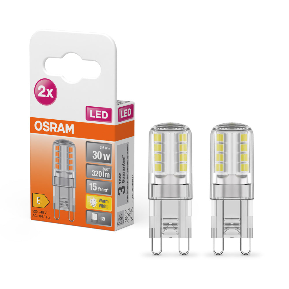 OSRAM LED Stiftsockellampe PIN G9 2.6W 827 Clear G9, 320 lm, 2700 K, Warmweiß, 2er Pack