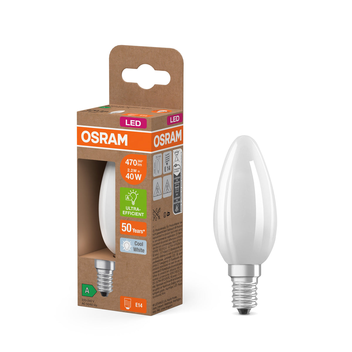 Lampada LED OSRAM classe energetica, Kerze, 2.2W, satinata, EEK A