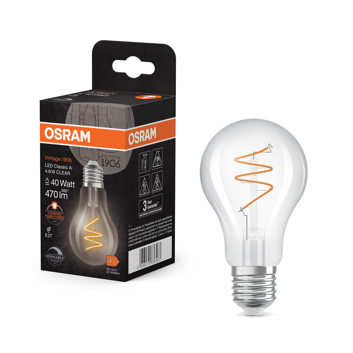 OSRAM Lampada LED classica vintage 1906 Klar, 4.6W, 470lm, E27