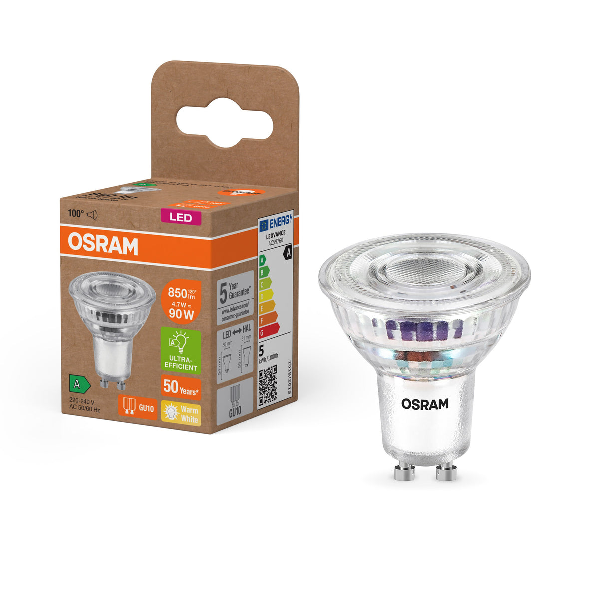 Lampada con riflettore LED OSRAM Energy Class, 4.7W, 850lm, GU10