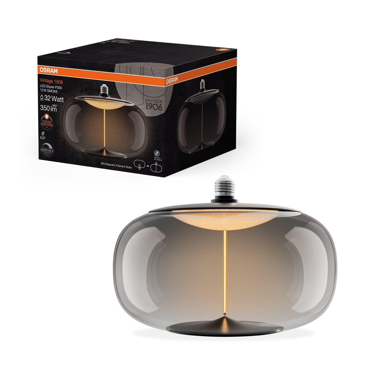 OSRAM Vintage 1906® LAMPADINA LED DECORATIVA GRANDE CON FILAMENTO-Lampada LED STILE MAGNETICO Fumo, dimmbar, 12W, E27, ELIPSE