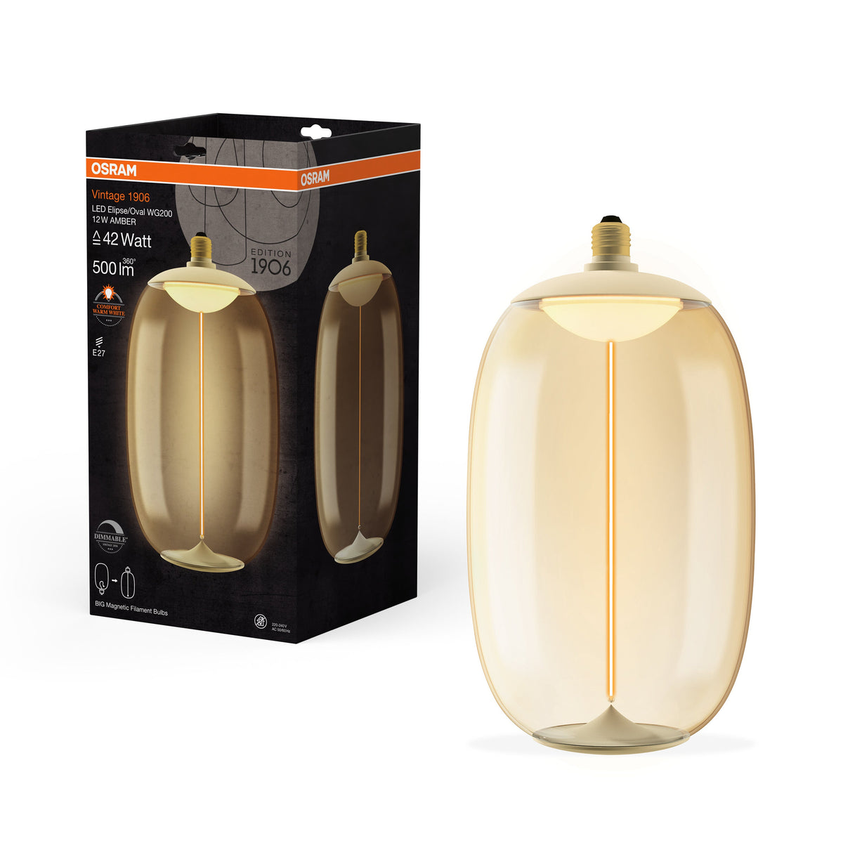 OSRAM Vintage 1906® LAMPADINA LED DECORATIVA GRANDE CON FILAMENTO STILE MAGNETICO Lampada LED Ambra, dimmbar, 12W, E27, ELIPSE OVALE