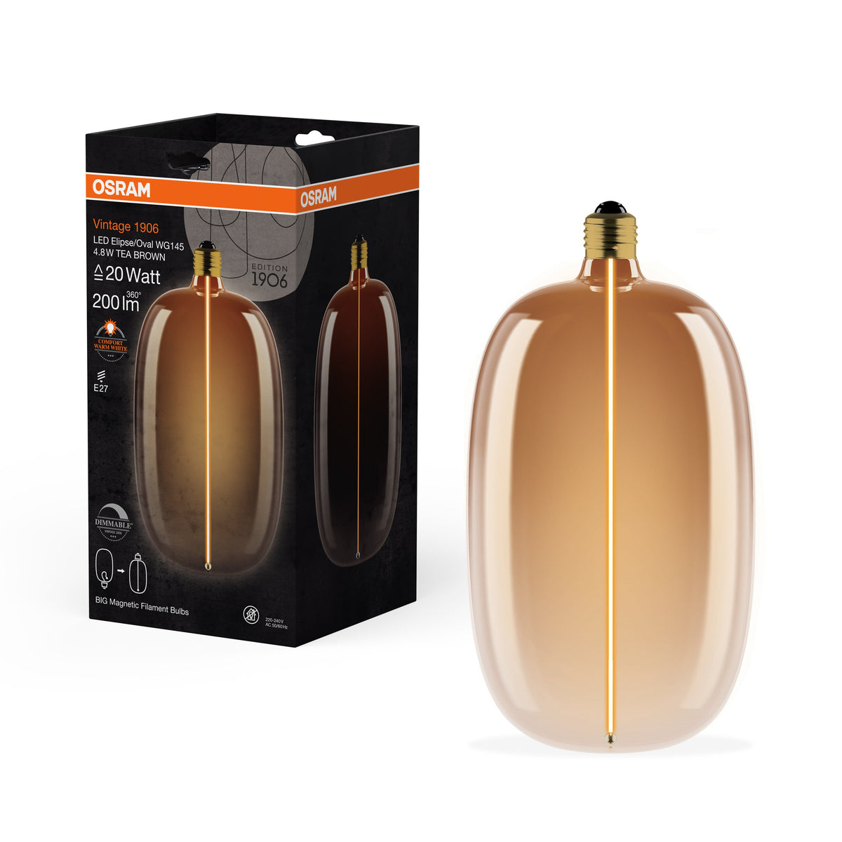 OSRAM Vintage 1906® LAMPADA LED DECORATIVA GRANDE CON FILAMENTO MAGNETICO Lampada LED Tea Brown, dimmbar, 4.8W, ELIPSE OVALE