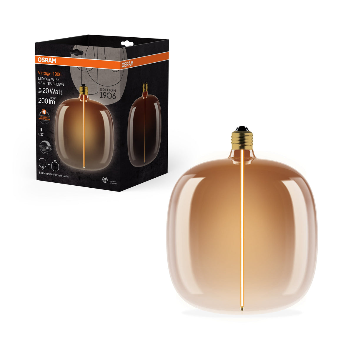 OSRAM Vintage 1906® LAMPADINA LED DECORATIVA GRANDE CON FILAMENTO-Stile MAGNETICO Lampada LED Tea Brown, dimmbar, 4.8W, E27, OVALE
