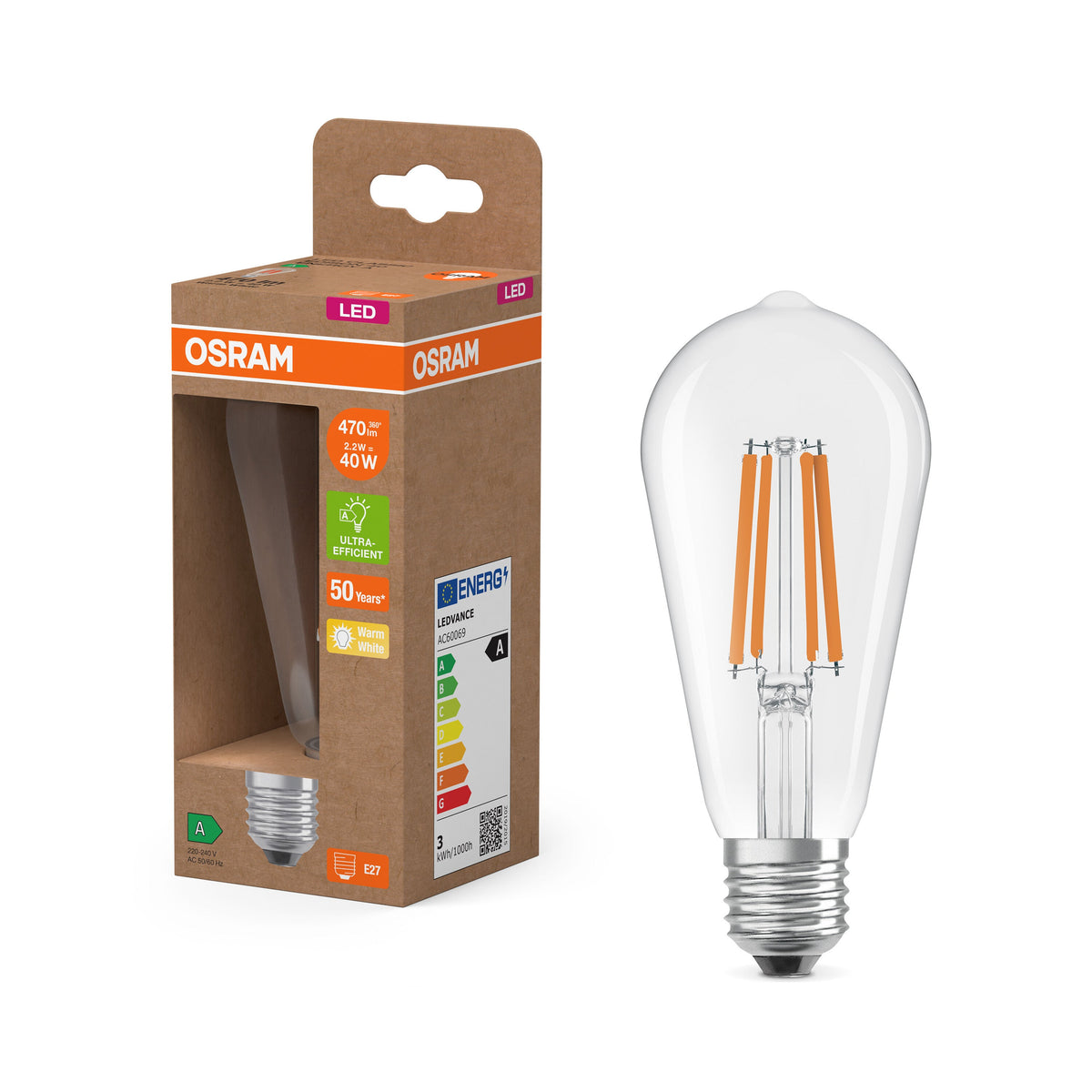 LEDVANCE LED-Globe-Lampe + Filament EEK A, E27, 7.2W, 2700K