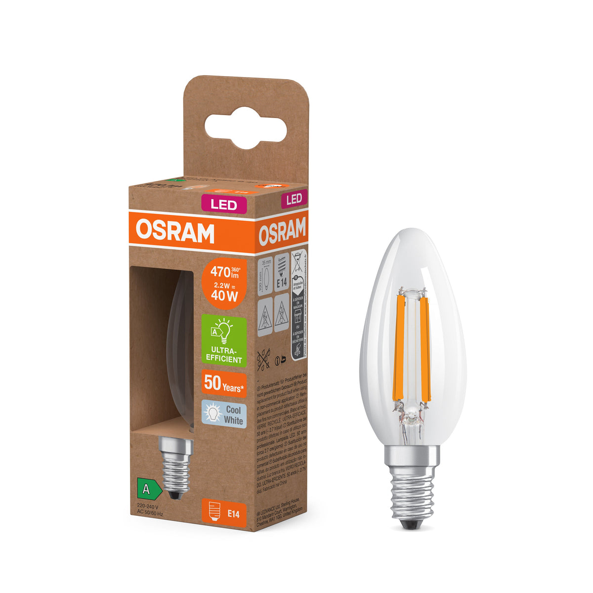 Lampada LED OSRAM classe energetica, Minikerze, 2.2W, Trasparente, EEK A