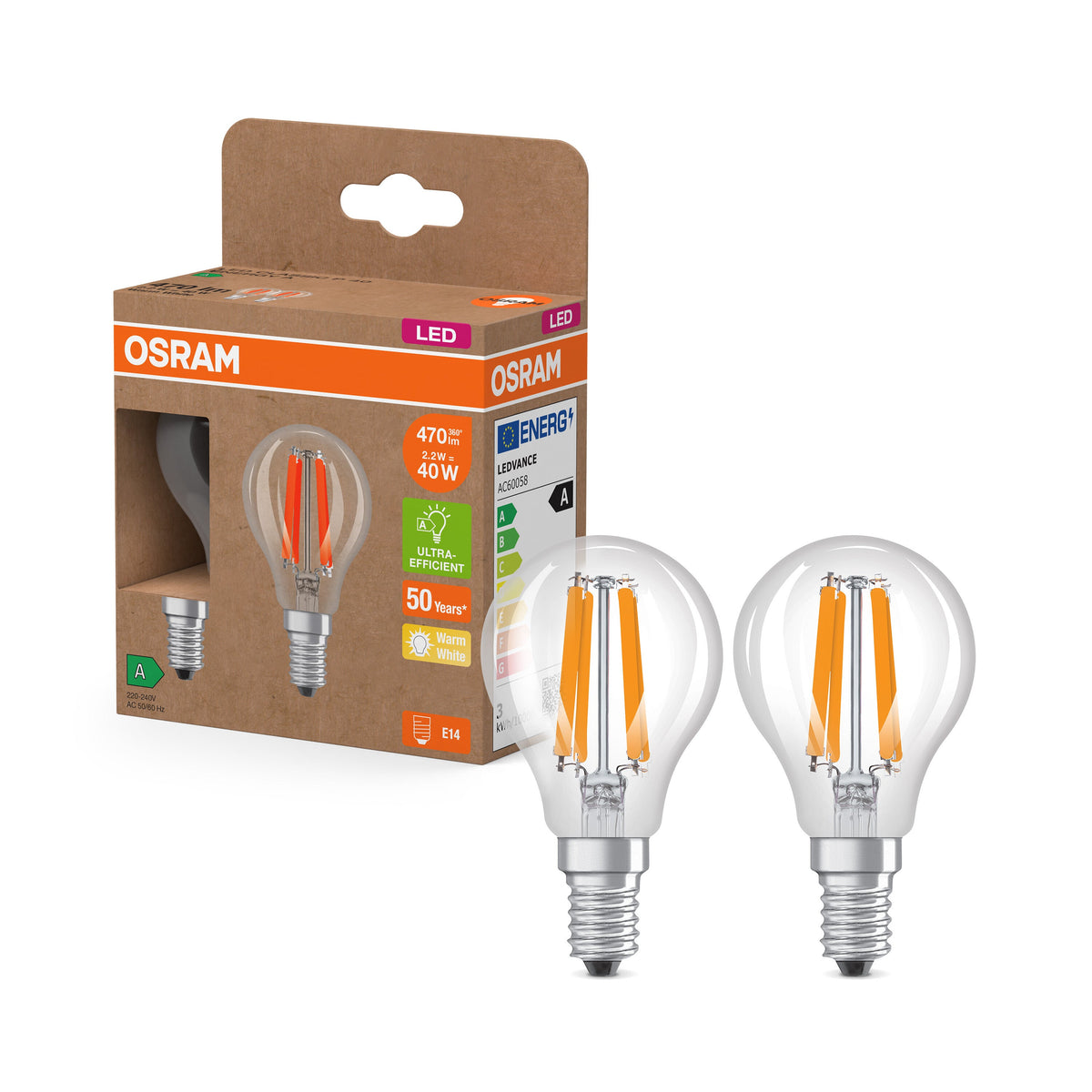 OSRAM Energy Class LED-Lampada, 2.2W, Chiara, EEK A, 470lm, E14, Bianco caldo