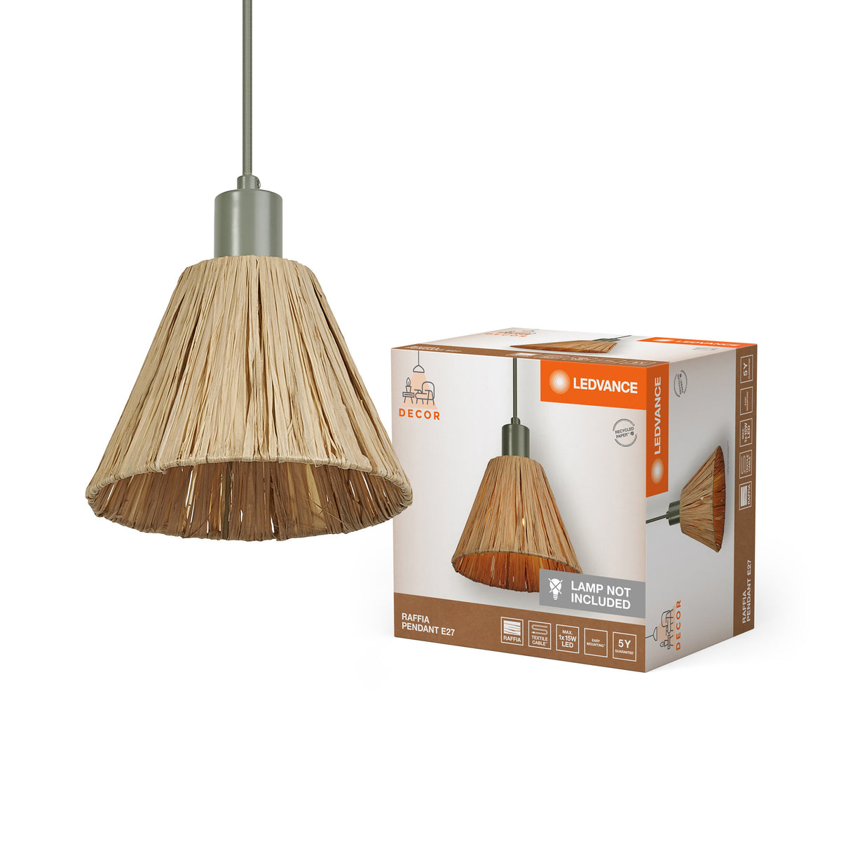 LEDVANCE DECOR Pendelleuchte Decor Raffia grün-braun, E27, 200 mm