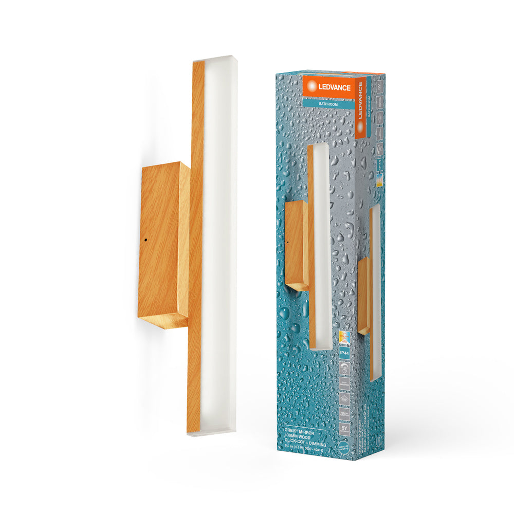 LEDVANCE Orbis Mirror Lampada da specchio, bagno, Click-CCT, 6.8W, 40cm, decorazione in legno, IP44
