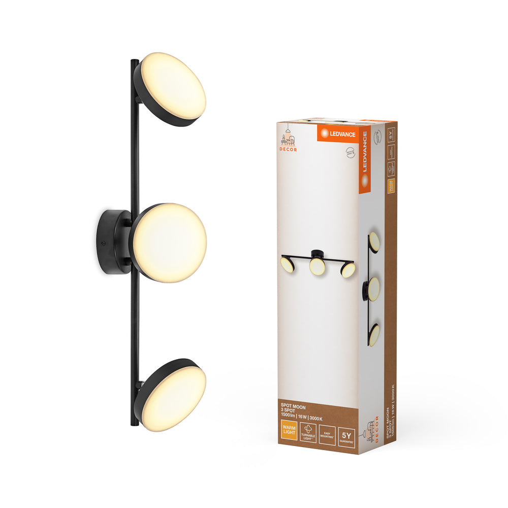 LEDVANCE DECOR Spot Moon Lampada da soffitto nera, 3 Spots, 16W