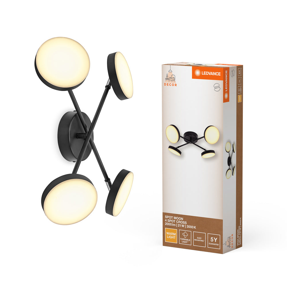 LEDVANCE DECOR Spot Moon Lampada da soffitto nera, 4 Spots Cross, 21W