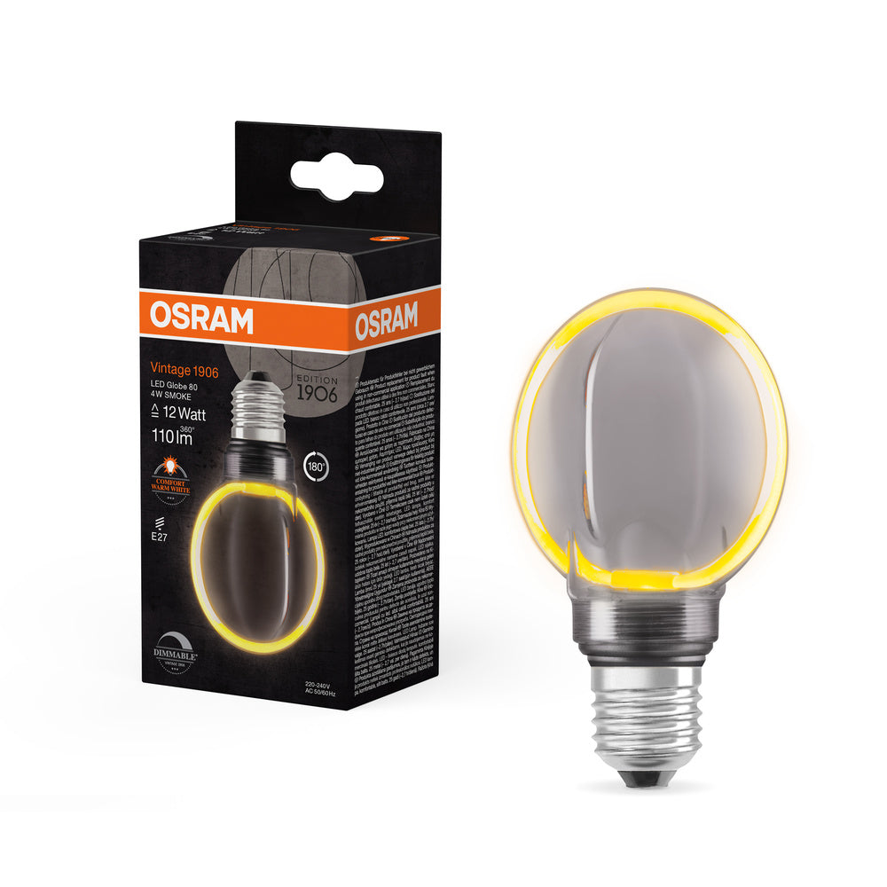 OSRAM VINTAGE 1906® LED Lampada LED CLASSIC GLOBE80 O - Forma FILAMENTO 4W 818 Fumè E27, 110 lm, 1800 K, Comfort bianco caldo