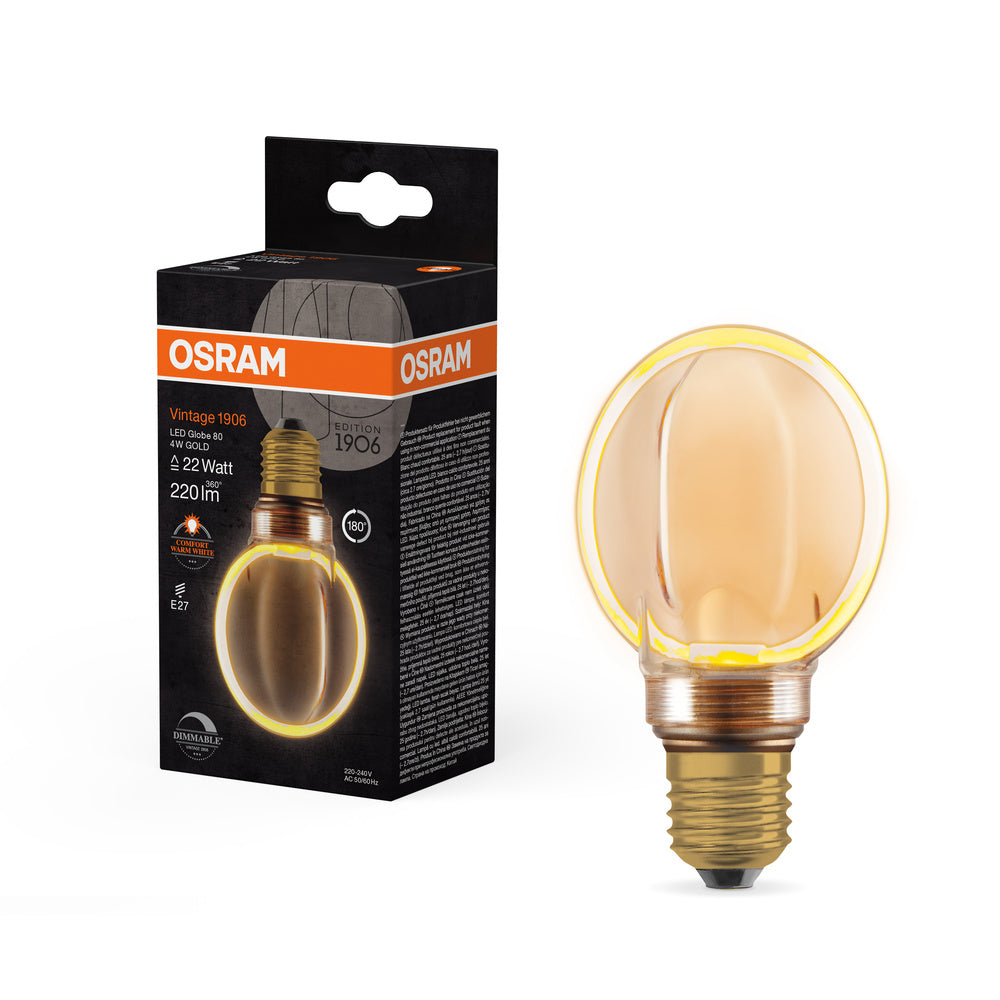 OSRAM VINTAGE 1906® LED Lampada LED CLASSIC GLOBE80 O - Forma FILAMENTO 4W 818 Oro E27, 220 lm, 1800 K, Comfort bianco caldo