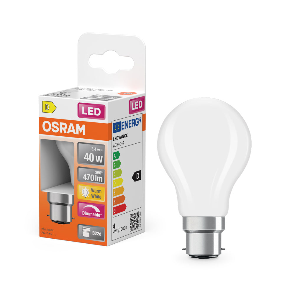 OSRAM Lampada LED Retrofit CLASSIC P DIM 4.8W 827 Opalino B22d, 470 lm, 2700 K, Bianco caldo