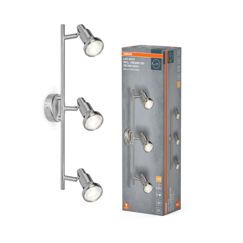 OSRAM LED SPOT ARGENTO SPAZZOLATO GU10 3 x 2.6W, 690 lm, 2700 K, Bianco caldo