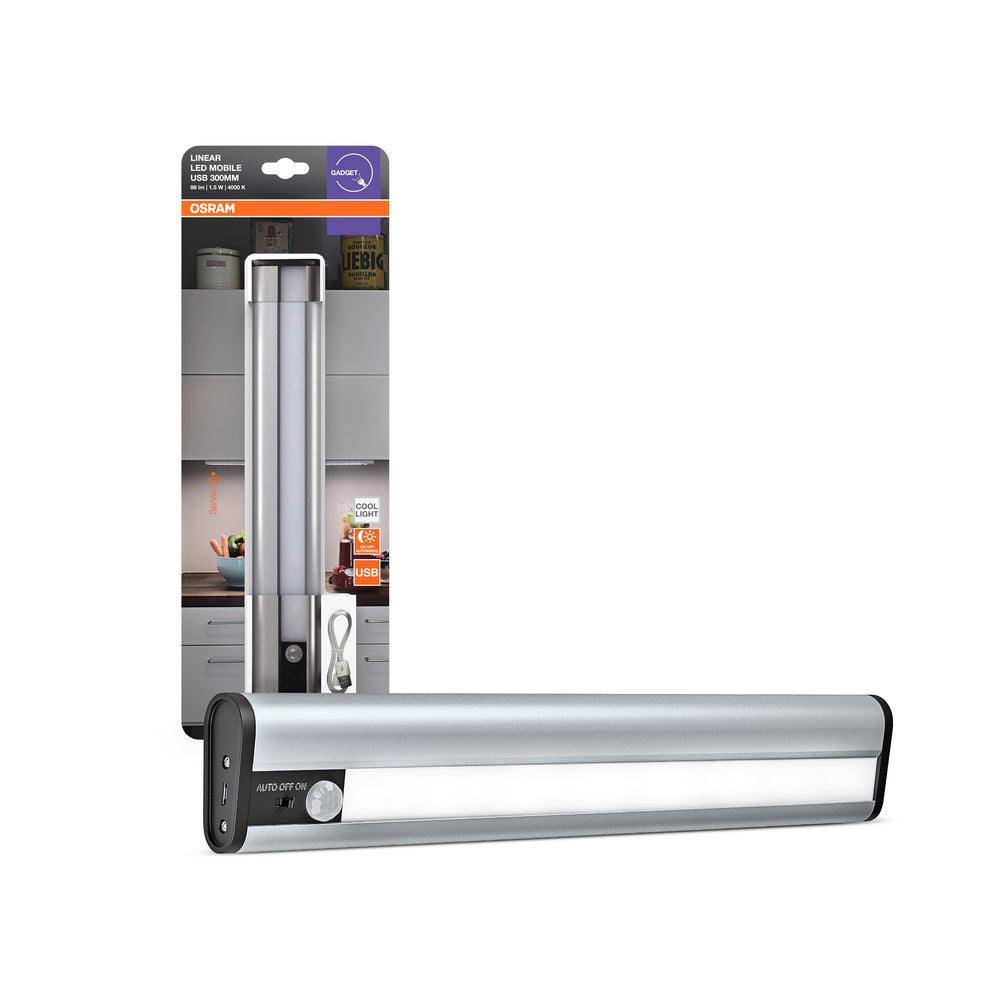 OSRAM LED Lampada a batteria, lampada per uso interno, sensore di movimento, sensore giorno-notte, bianco freddo, 300,0 mm x 50,0 mm x 22,0 mm, LED lineare mobile USB