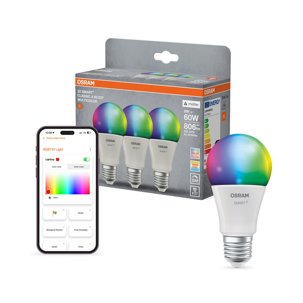 OSRAM SMART+ Matter E27 multicolore × 3, foto ufficiale di lampadina e confezione