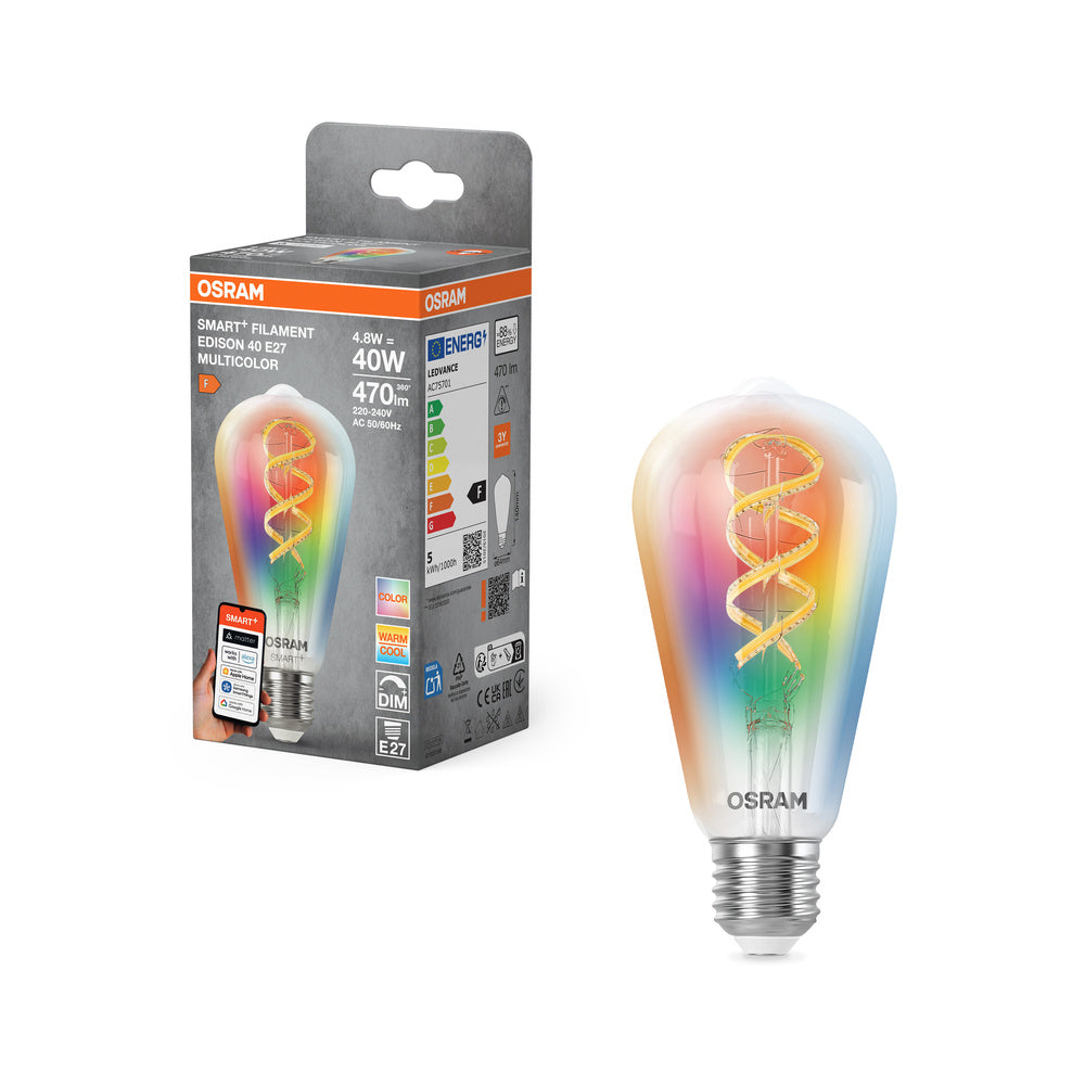 OSRAM Matter SMART+ LED Lampada CLASSIC A, RGB, vetro a filamento, 4,8W, 470lm, E27