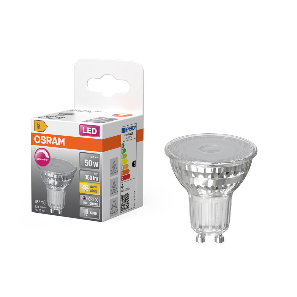 OSRAM Lampada Riflettore LED Dimmerabile PAR16 Bianco Caldo (2700K) alto indice di resa cromatica con CRI90, sostituto per faretti tradizionali da 50W GU10