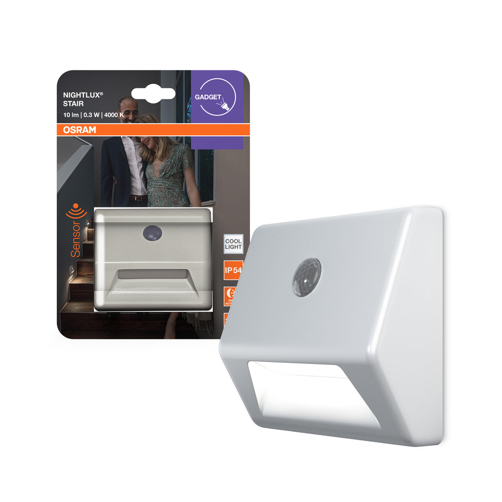 OSRAM LED NIGHTLUX Lampada da scale a batteria, sensore di movimento, sensore giorno-notte, bianco freddo, 28,0 mm x 84,0 mm x 73,0 mm, bianco