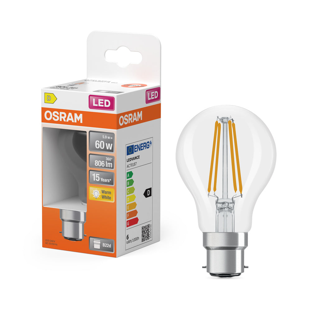 OSRAM Lampada LED Retrofit CLASSIC A 6.5W 827 Chiaro B22d, 806 lm, 2700 K, Bianco caldo