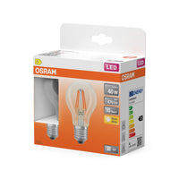 Lampadine LED OSRAM, forma classica a bulbo, sostituzione 40 Watt, E27, forma A, 2700 Kelvin, bianco caldo, vetro trasparente, confezione da 2 pezzi