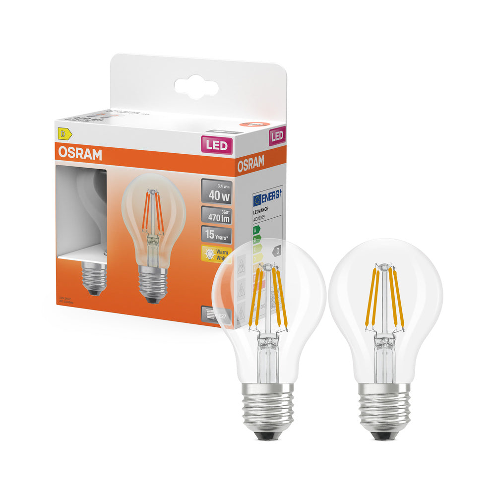 Lampadine LED OSRAM, forma classica a bulbo, sostituzione 40 Watt, E27, forma A, 2700 Kelvin, bianco caldo, vetro trasparente, confezione da 2 pezzi