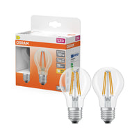 Lampadine LED OSRAM, forma classica a bulbo, sostituzione 60 Watt, E27, forma A, 2700 Kelvin, bianco caldo, vetro trasparente, confezione da 2 pezzi