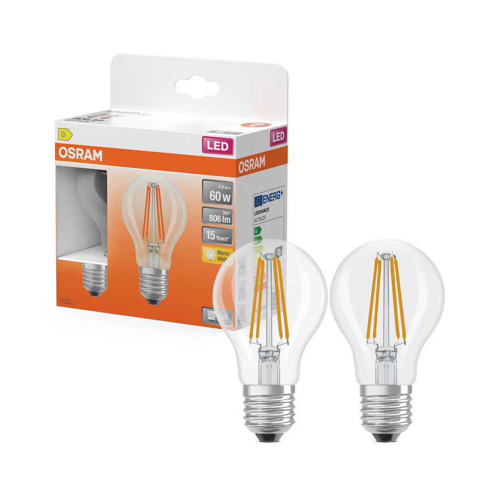 OSRAM LED-Lampen, klassische Kolbenform, 60 Watts Ersatz, E27, A-shape, 2700 Kelvin, Warm weiß, Klares Glas, 2-er Pack