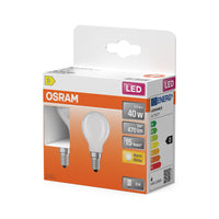 OSRAM lampadine LED, forma classica miniball, sostituzione 40 watt, E14, forma P, 2700 kelvin, bianco caldo, vetro chiaro, confezione da 2 pezzi