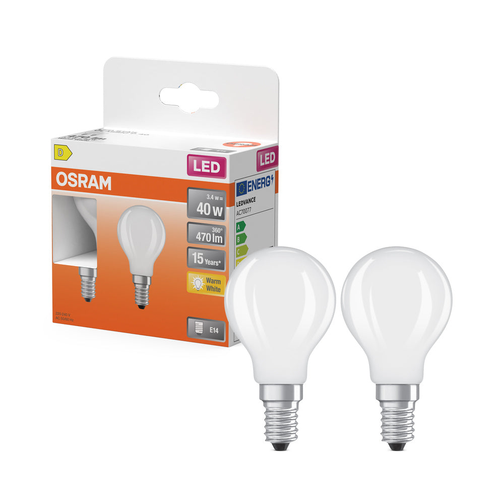 OSRAM lampadine LED, forma classica miniball, sostituzione 40 watt, E14, forma P, 2700 kelvin, bianco caldo, vetro chiaro, confezione da 2 pezzi
