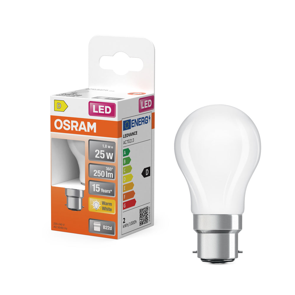 OSRAM Lampada LED Retrofit CLASSIC P 2.5W 827 Opalino B22d, 250 lm, 2700 K, Bianco caldo