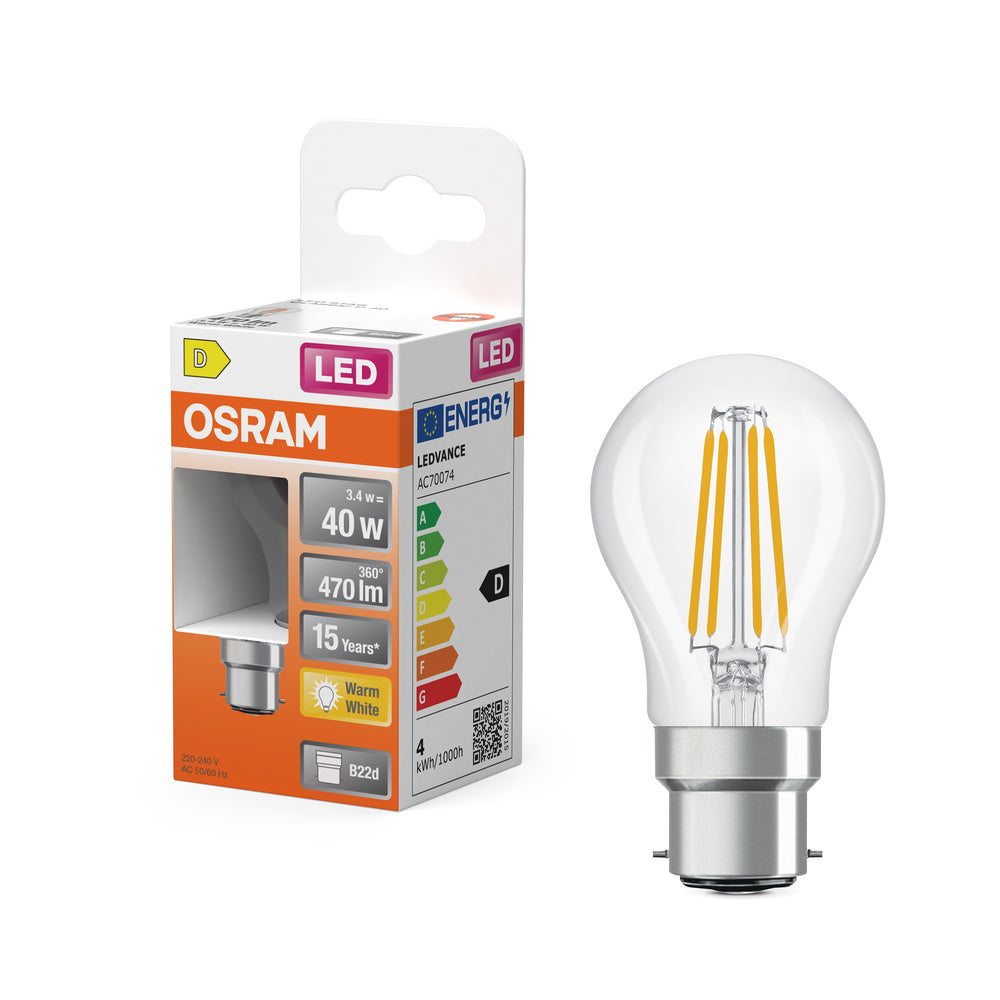 OSRAM Lampada LED Retrofit CLASSIC P 4W 827 Chiara B22d, 470 lm, 2700 K, Bianco caldo